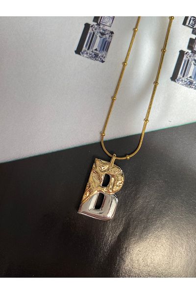 Pinery Jewels Letter B Double Color Letter Non-Tarnish Stainless Steel Women's Necklace