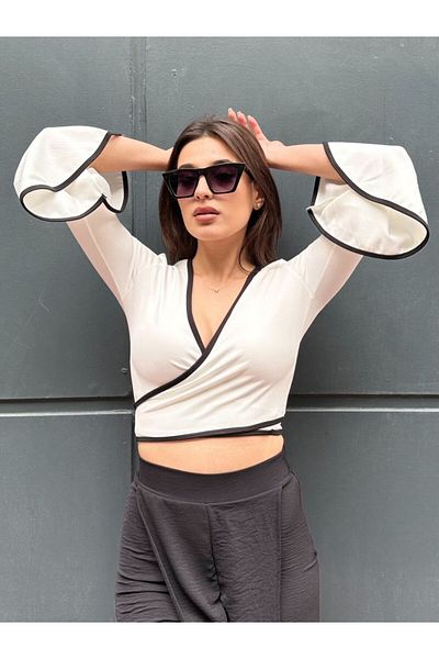 NovaRopa Women's White Double Breasted Collar Flounces Tie Blouse-Nxt8100