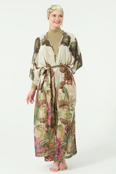 Bordomix 7179 Women's Green Nature Patterned Belted Long Pareo - Beach Dress
