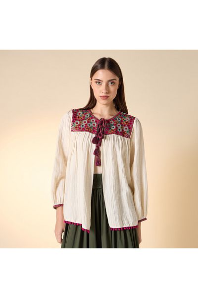 FAV Embroidered Top with Long Sleeves and Tie-Up