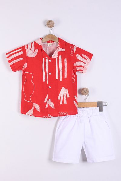 Pollito Boy's Mixed Patterned Shirt Shorts 2 Piece Set