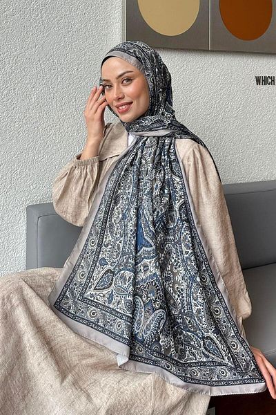 lamelif Retro Pattern Soft Shawl Blue