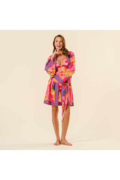 Zsa Zsa Zsu Baklan Dijital Baskılı Pamuk Modal Kimono - Kırmızı - Pembe