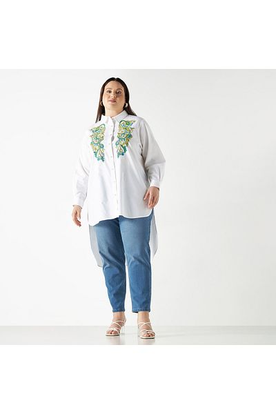 FAV Plus Size Floral Embroidered High Low Shirt with Long Sleeves