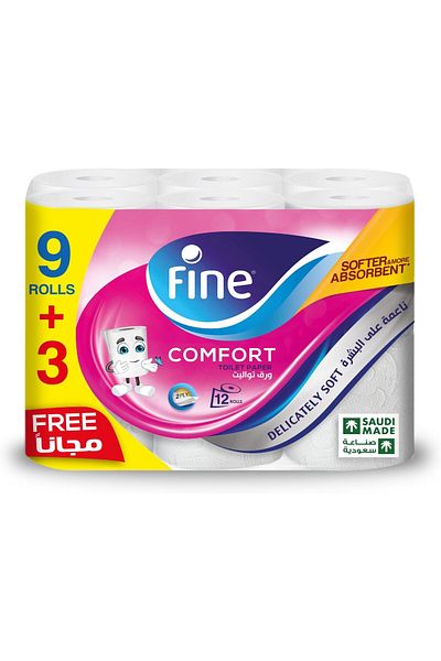 FINE Comfort, Absorbent, Sterilized, Soft, Flushable Toilet Paper, 2 Plies, Pack of 12 Rolls