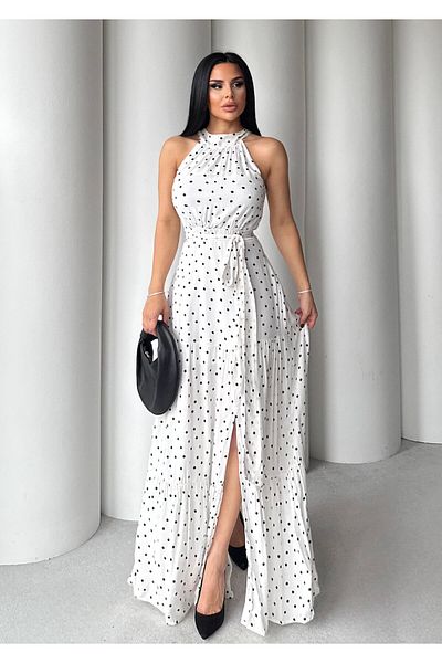 HARMONY GLOBAL Rochie albă din viscoză, lungime maxi, cu decolteu cu buline, cu decolteu, cu fante 4233