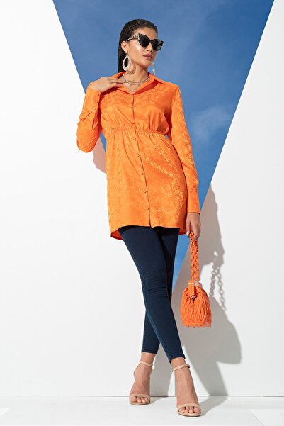 FOR YOU MODA Πορτοκαλί πουκάμισο με σατέν ζακάρ επένδυση