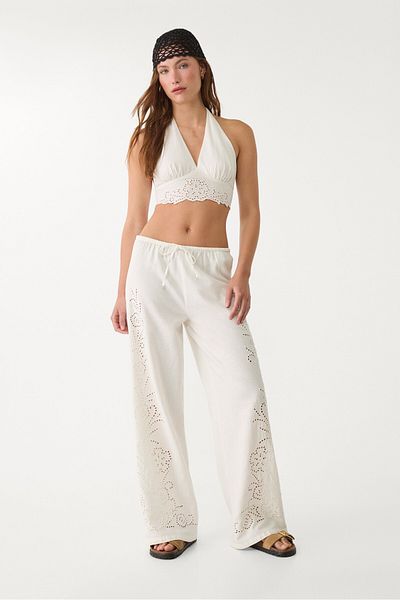 Stradivarius Loose-fitting linen blend trousers with embroidery