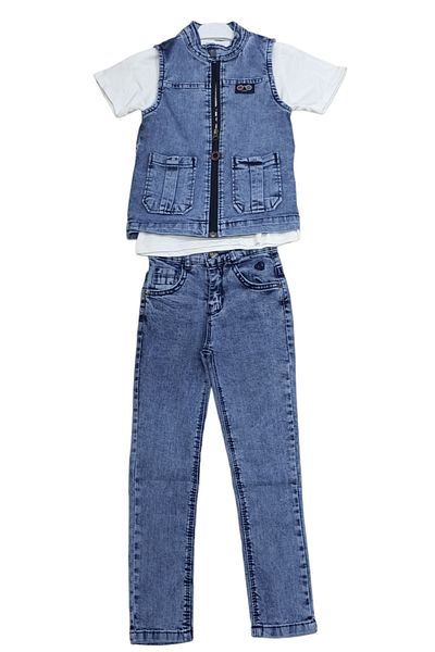 İrem Çocuk Giyim Boy's Zipper Closure Denim Vest T-Shirt Pants Triple Set