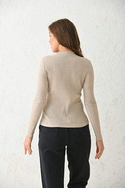 MOVİMENT Μπεζ ψηλός λαιμός Μακρυμάνικη κοτλέ Πλεκτή Μπλούζα