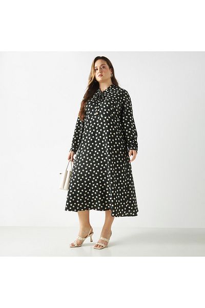 FAV Plus Size All-Over Polka Dot Print A-line Midi Dress with Long Sleeves
