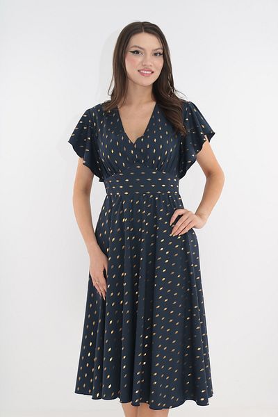 Vanessa Line RO Elegant navy blue wrap dress with gold print
