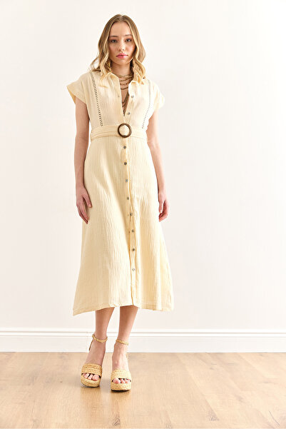 Olalook Dámské světle žluté vložky šité na pásek mušelínové košilové šaty ELB-19002423