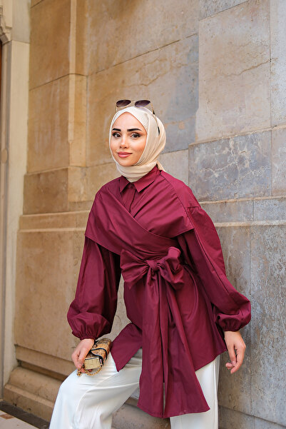 LOCCO Women's Shoulder Tie Poplin Shirt Claret Red