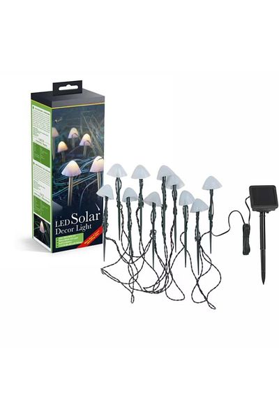 MACVI Set 10 lumini solare de gradina Macvi®, LED, alb cald, 5m, rezistente la apa, design tip ciuperci