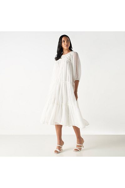 FAV Textured Tiered Dress with Round Neck and Volume Sleeves