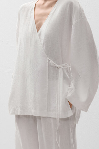 Oysho 100% linen side tie kimono shirt