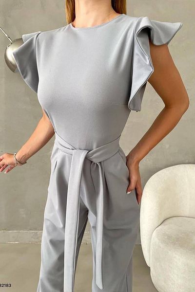 Deafox Gray Crepe Fabric Sleeves Flywheel Detail Belted Jumpsuit