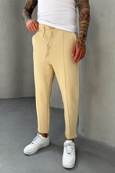 MADZEYMODA Βάφλα ύφασμα γρασίδι Λεπτομερές Boyfriend Ανδρικό μπεζ παντελόνι Jogger Mz5036