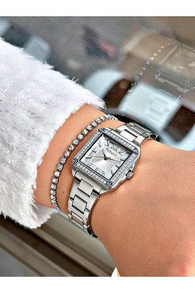 Ferrucci Silver Color Square Model Stone Women's Wristwatch + Bracelet