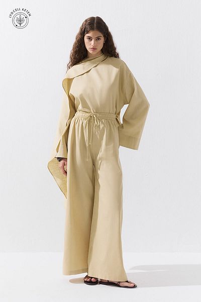 Hooopstore Lyocell Linen Flowy Elastic Sand Beige Trousers
