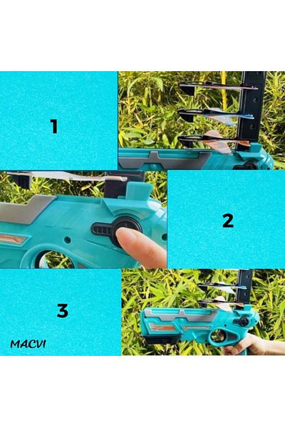 MACVI Pistol Lansator Macvi® cu 4 Avioane, Jucarie Interactiva pentru Copii, Design Sigur, Albastru