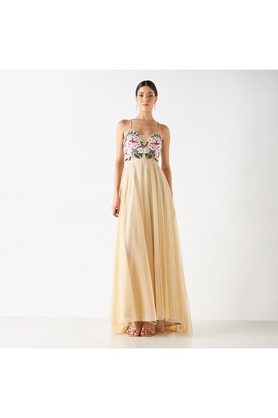 FAV Floral Embroidered Flared Maxi Dress with Cross Straps