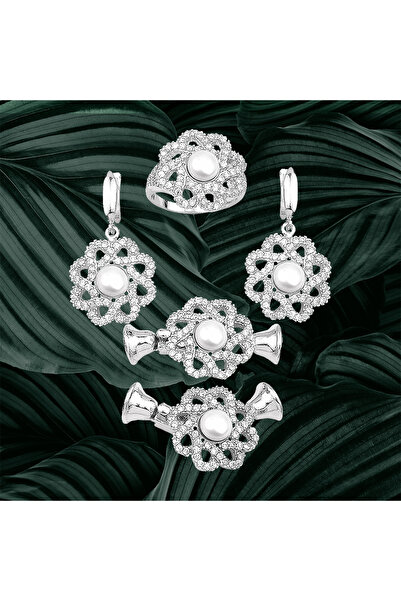 TRİA SİLVER 925 Ayar Gümüş Zirkon Taşlı İnci Dizimine Uyumlu İnci Ucu Seti Ko...