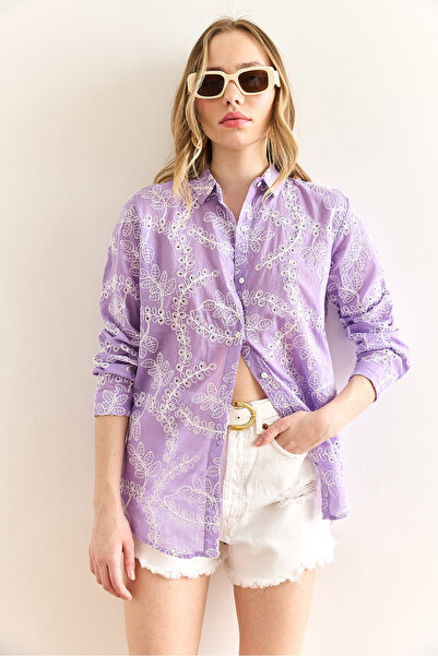 Olalook Γυναικείο πουκάμισο με λεπτομέρεια λιλά γεωμετρικό μαργαριτάρι GML-19001324