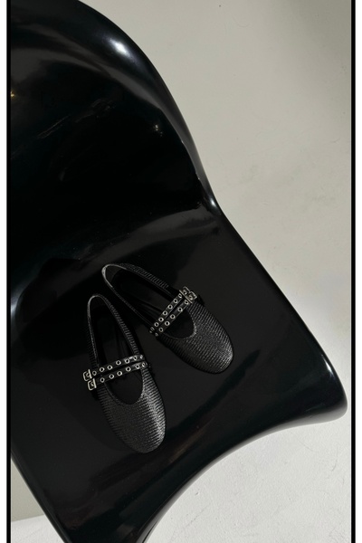 cevaplus @Cevaplus Kadın Çift Bantlı Zımbalı Günlük Babet Siyah Hasır