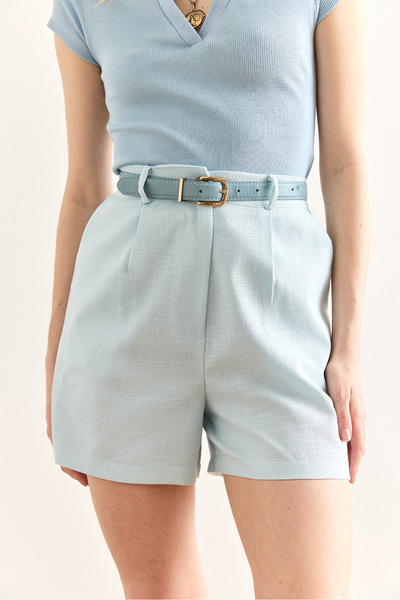 Olalook Kadın Bebe Mavi Cepli Astarlı Yıkamalı Keten Şort ŞRT-19000056