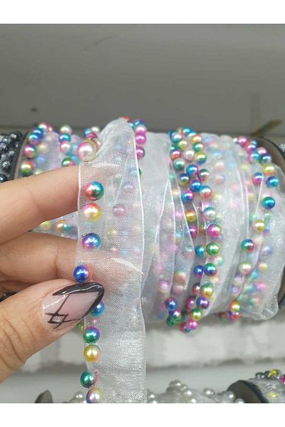 ESRA ŞELEM Colorful Beaded White Tulle Bias Decorative Ribbon Applique Sewing Accessory