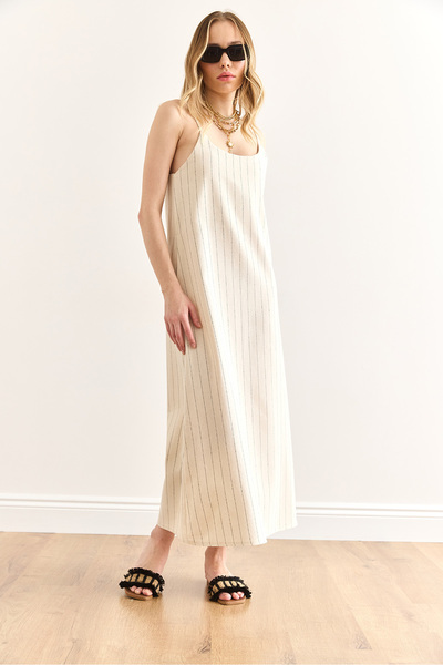 Olalook Γυναικείο ριγέ πέτρινο φόρεμα με ρυθμιζόμενο λινό Maxi ELB-19002425