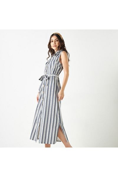 FAV Striped Sleeveless Shirt Dress with Tie-Up Belt