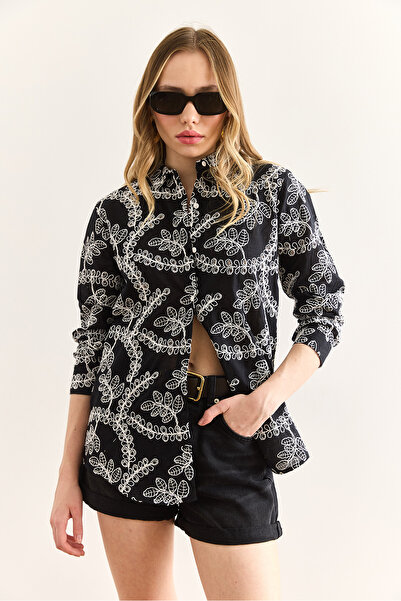 Olalook Дамска черна риза с геометрични детайли и миди GML-19001324