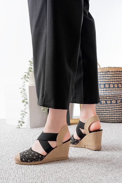 Egepass Sole Di̇ Sabbia Espadrille Style Shoes with Straw Sole and Stone Detail in Beige and Black Color Wedge Heel