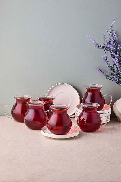 Perotti Kanlıca Gold 12 Piece 6-Person Glass Tea Set with Handles 210 ml