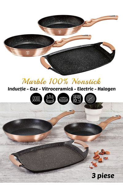 Berlinger Marble Pan Set Grillpan 3 Pcs Nonstick Rosegold Metallic Line Induction All Stoves