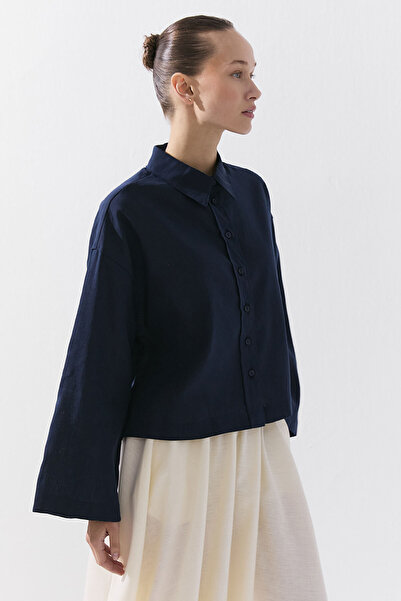 Hooopstore Lyocell Linen Basic Short Navy Blue Shirt