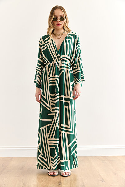 Olalook Γυναικείο γεωμετρικό πράσινο διπλό γιακά με ελαστική μέση μάξι φόρεμα βισκόζης ELB-19002383