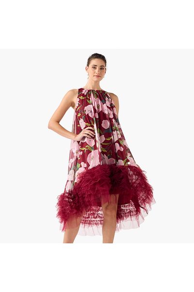 2Xtremz 2Xtremz Floral Print Sleeveless Midi Dress with Tulle Detail