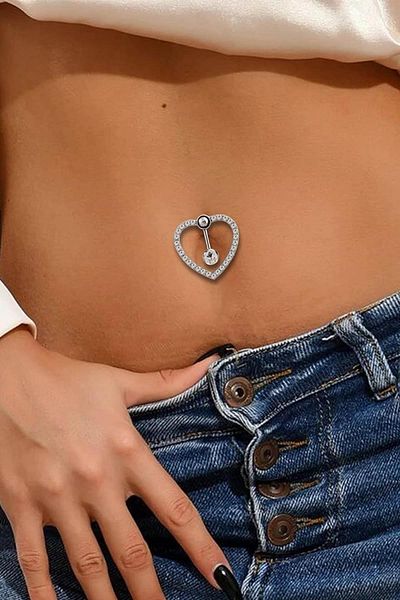 TAKIŞTIR Silver Color Heart Figured Stone Detailed Surgical Steel Navel Piercing