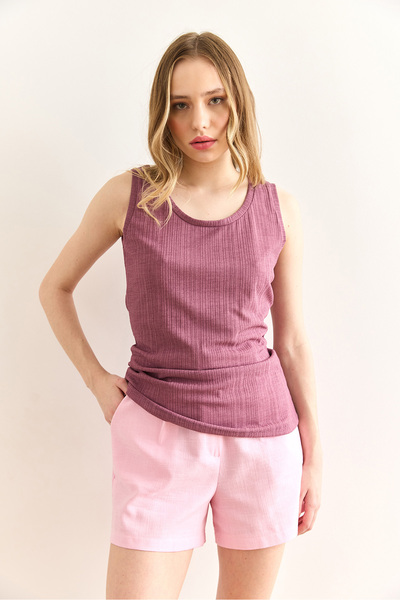 Olalook Dusty Rose Damen-Bluse mit U-Ausschnitt und geripptem Textur BLZ-19003004