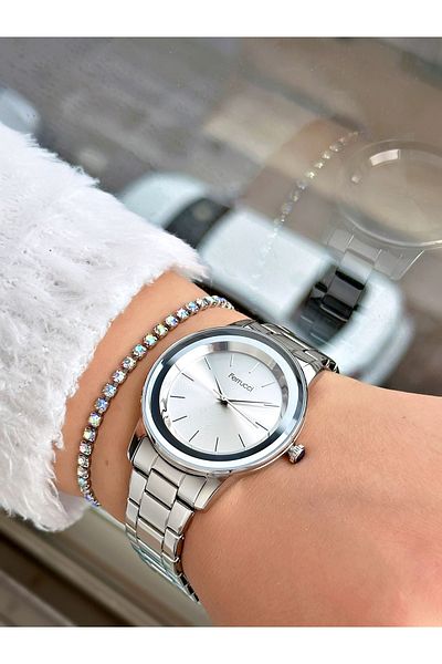 Ferrucci Silver Color Plain Mirrored Glass Women's Wristwatch + Bracelet