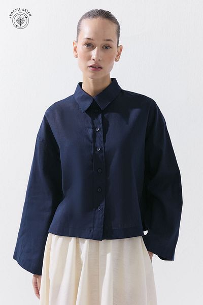 Hooopstore Lyocell Linen Basic κοντό πουκάμισο Navy Blue