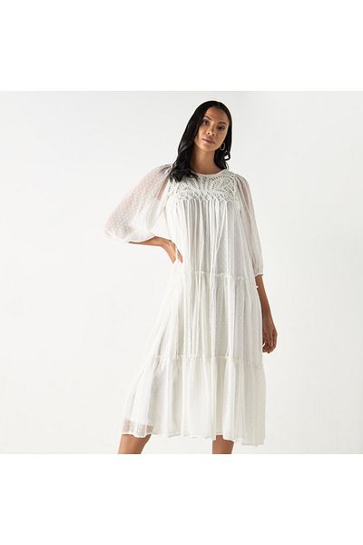 FAV Textured Tiered Dress with Round Neck and Volume Sleeves