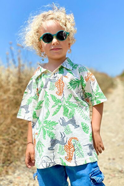 Jack Lions Boy's T-Shirt with Forest Themed Animal Pattern, Ages 1.5-5, Ecru