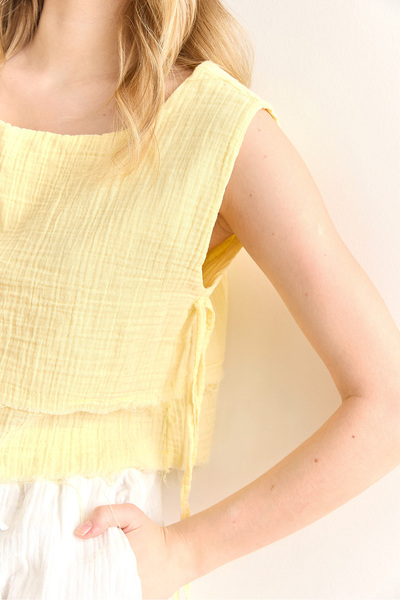 Olalook Women's Yellow Double Layer Dirty Stitching Lace Detailed Muslin Blouse Blz-19002924