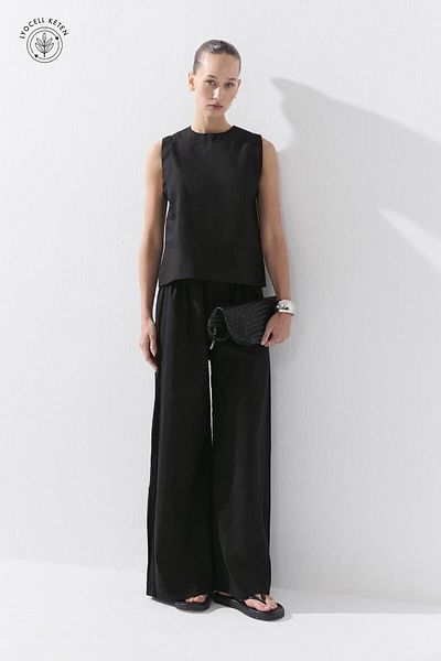 Hooopstore Lyocell Linen Flowy Elastic Black Trousers