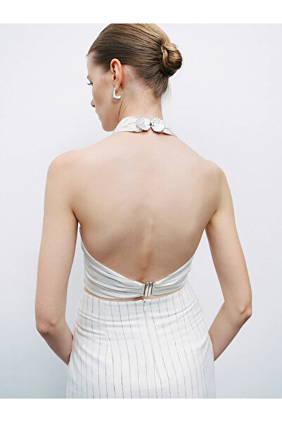 Nocturne Women's Halter Neck Elastic Waist Crop Ecru Crop N25Yn15195-Variant